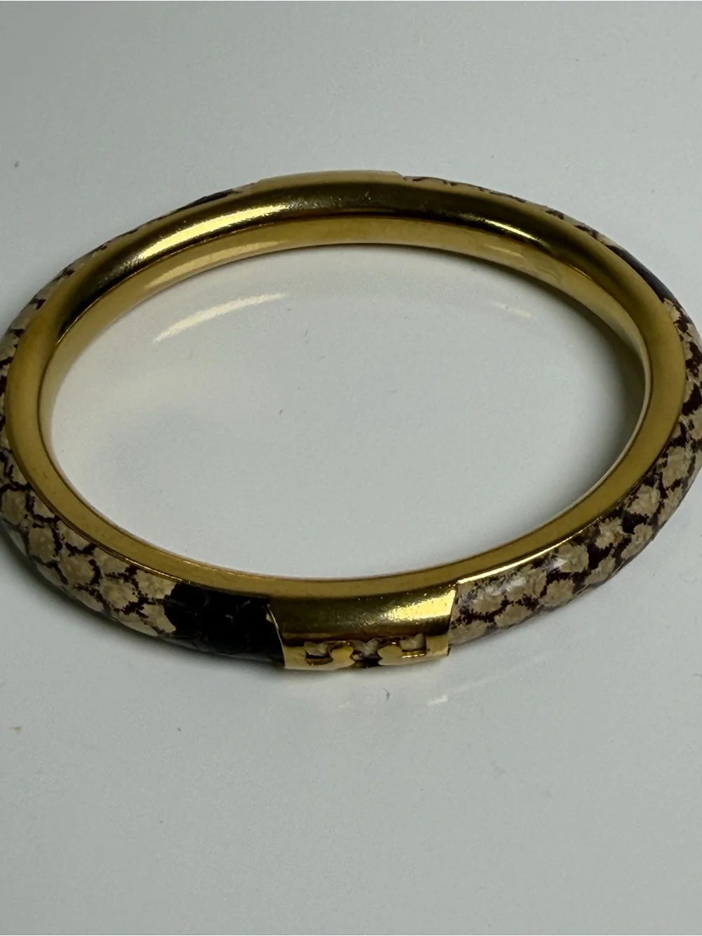 Tory Burch Women’s Leather Inlay Snake Print Gold Double T Bangle Bracelet